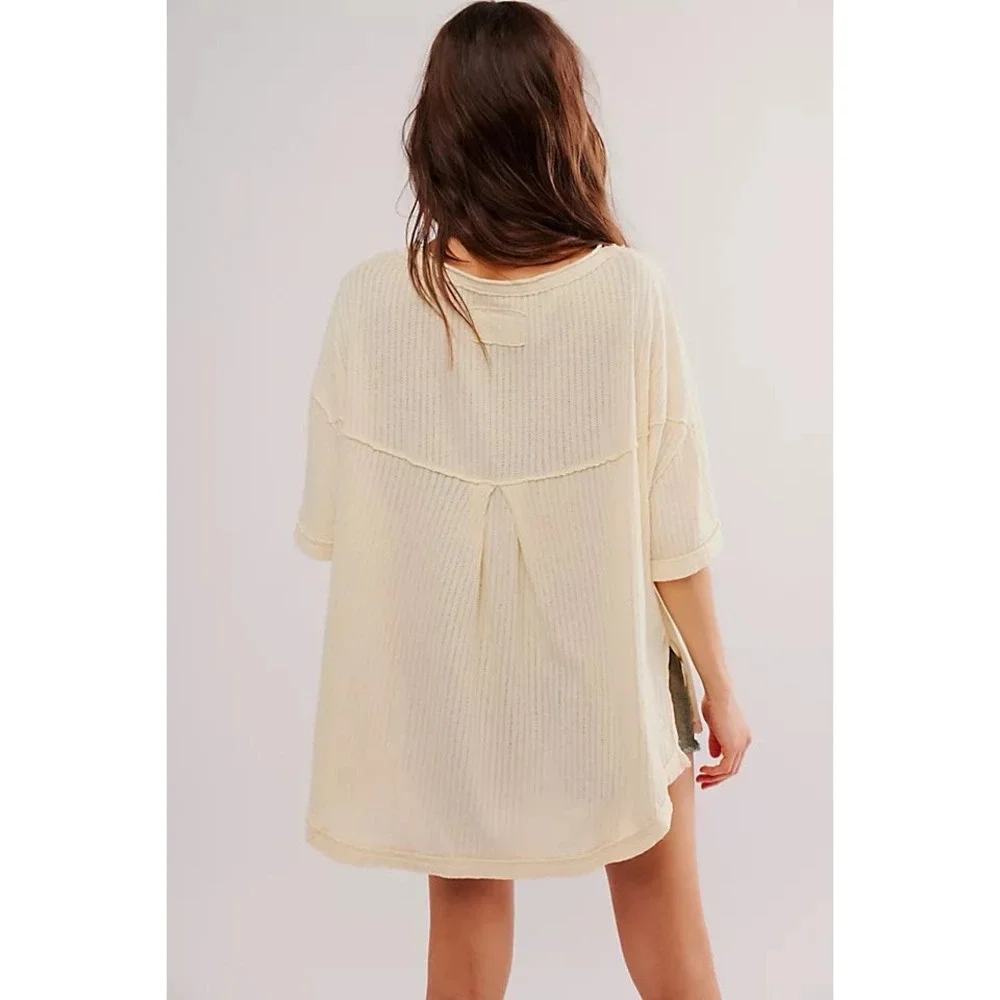 We The Free Free People tulum Cream Waffle Knit Oversized Thermal Pocket Tee XS